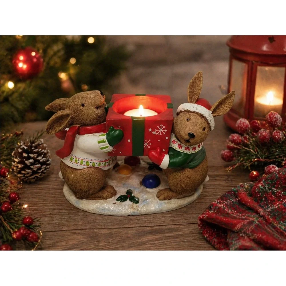 Yankee Candle Christmas Bunnies Tea‎ Light Holder Red Gift Box Figurine 1132752